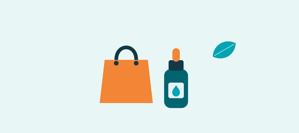 Ilustración de una bolsa de compras y un gotero