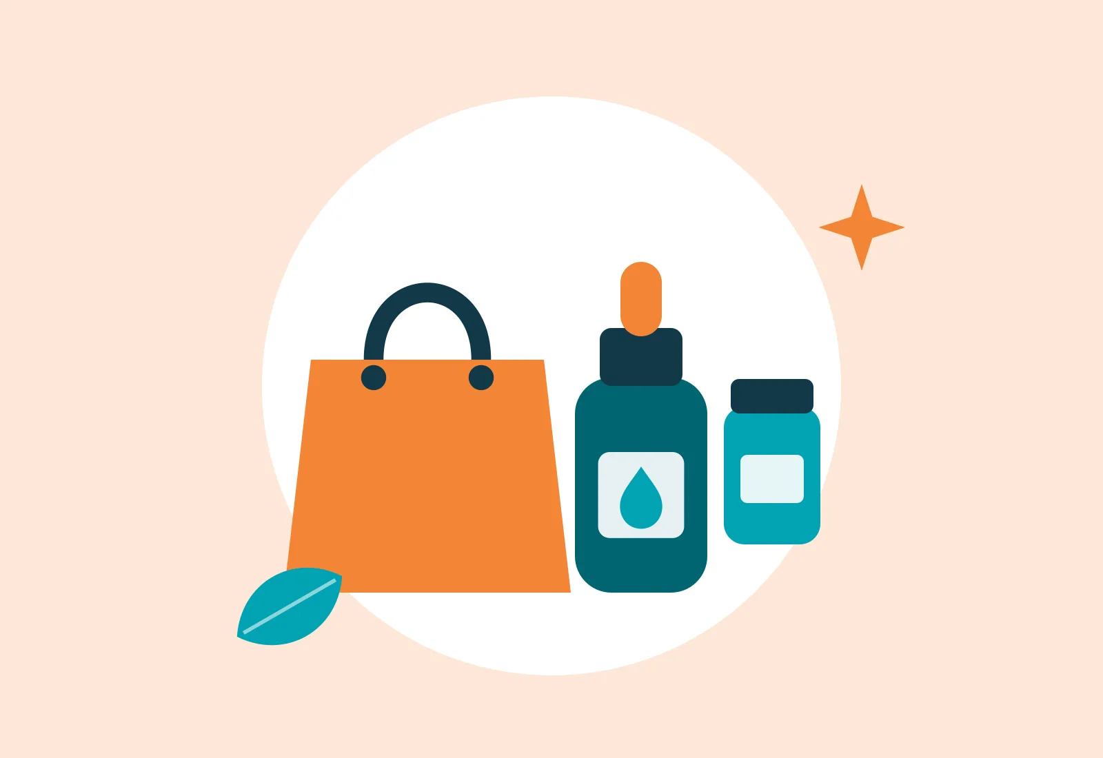 Ilustración de una bolsa de compras junto a un gotero y un frasco