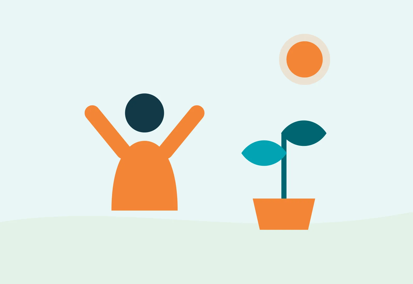 Ilustración de una persona celebrando junto a una planta que crece